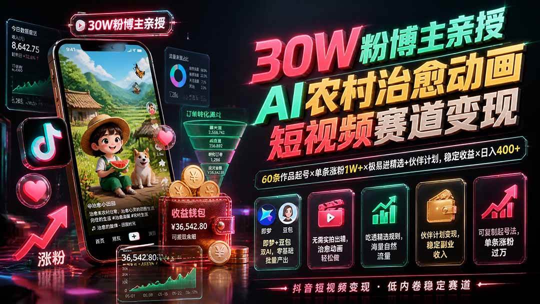 (19648期)30W粉博主亲授AI农村治愈动画短视频赛道变现:60条作品起号×单条涨粉1W+×极易进精选+伙伴计划,稳定收益×日入400+ (19648期)30W粉博主亲授AI农村治愈动画短视频赛道变现:60条作品起号×单条涨粉1W+×极易进精选+伙伴计划,稳定收益×日入400+