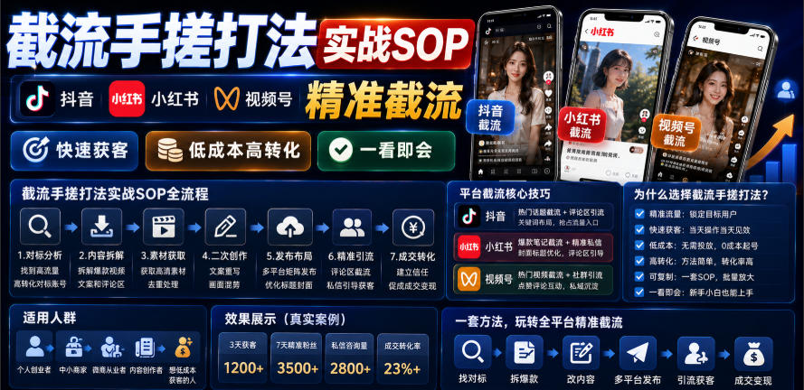 截流手搓打法实战SOP，抖音小红书视频号精准截流，快速获客，低成本高转化，一看即会-小白项目网