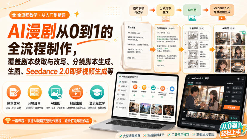 AI漫剧从0到1的全流程制作，覆盖剧本获取与改写、分镜脚本生成、角色场景生图与三视图、Seedance 2.0即梦视频生成(PDF版)-小白项目网