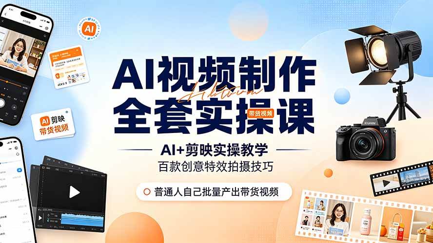 (19200期)AI视频制作全套实操课,多款AI工具搭配剪映教学,百种特效运镜拍摄实操,抖音账号带货运营全覆盖-小白项目网