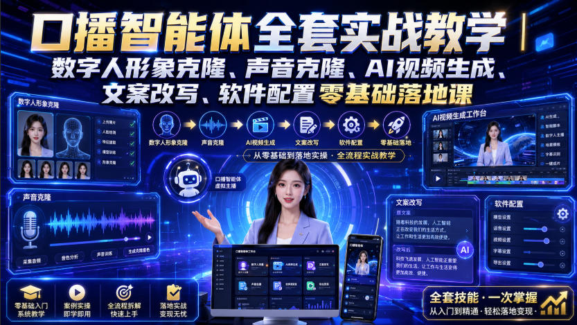 口播智能体全套实战教学｜数字人形象克隆、声音克隆、AI视频生成、文案改写、软件配置零基础落地课-小白项目网