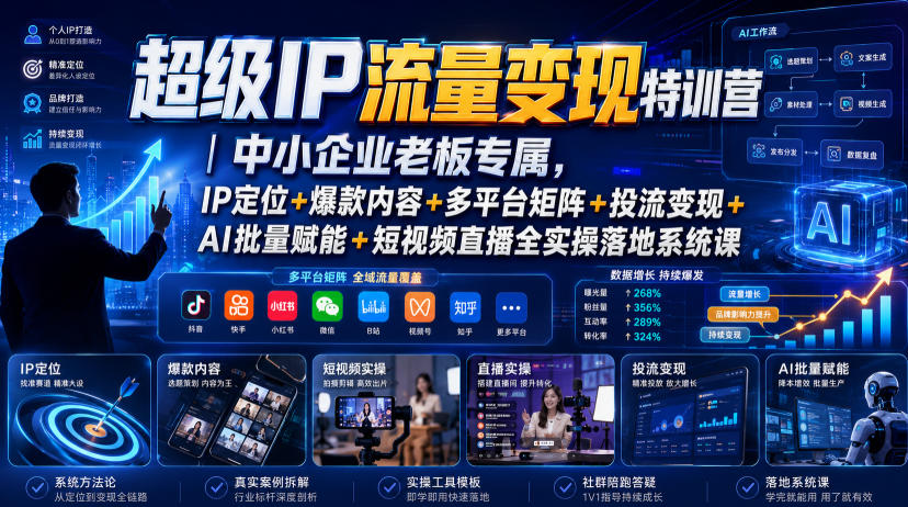 超级IP流量变现特训营｜中小企业老板专属，IP定位+爆款内容+多平台矩阵+投流变现+AI批量赋能+短视频直播全实操落地系统课-小白项目网