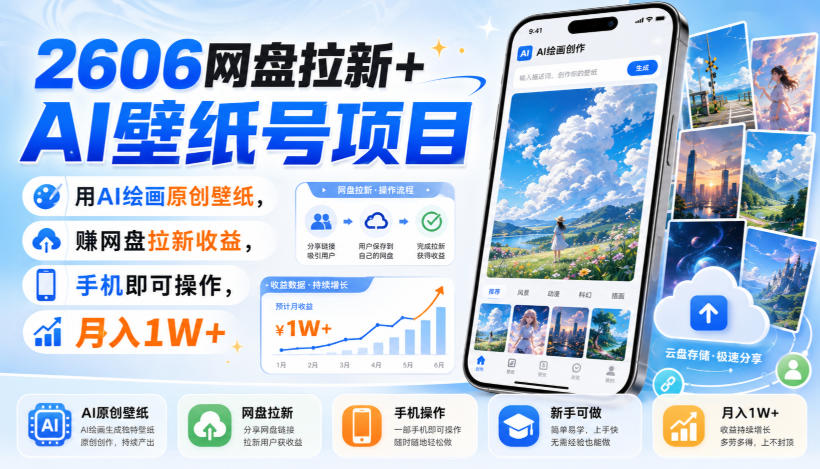 2606网盘拉新+AI壁纸号项目，用AI绘画原创壁纸，賺网盘拉新收益，手机即可操作，月入1W+-小白项目网