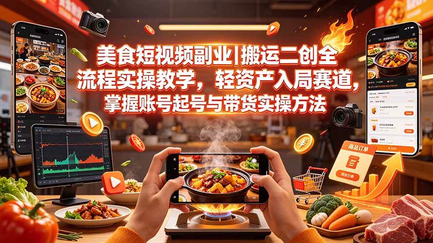 （19535期）美食短视频副业｜搬运二创全流程实操教学，轻资产入局赛道，掌握账号起号与带货实操方法-小白项目网
