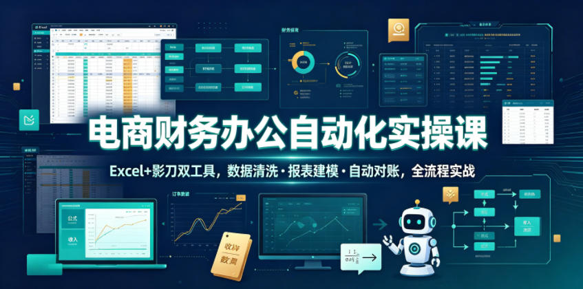 电商财务办公自动化实操课，Excel+影刀双工具，数据清洗・报表建模・自动对账，全流程实战-小白项目网