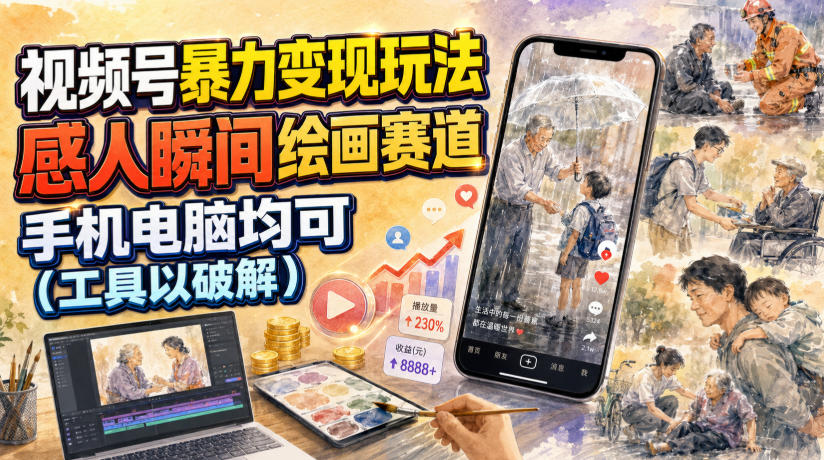 视频号暴力变现玩法，感人瞬间绘画赛道，手机电脑均可-小白项目网