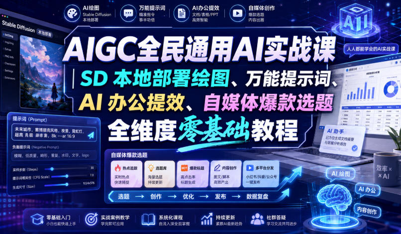 AIGC全民通用AI实战课｜SD本地部署绘图、万能提示词、AI办公提效、自媒体爆款选题全维度零基础教程-小白项目网