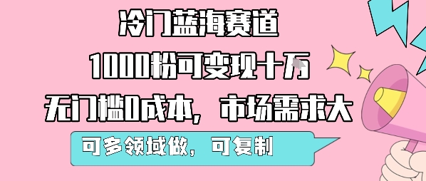 冷门蓝海赛道，1000粉可变现十W，无门槛0成本，市场需求大，可多领域做，可复制性强-小白项目网