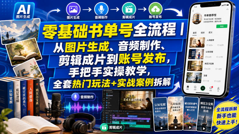 零基础书单号全流程｜从图片生成、音频制作、剪辑成片到账号发布，手把手实操教学，全套热门玩法+实战案例拆解-小白项目网