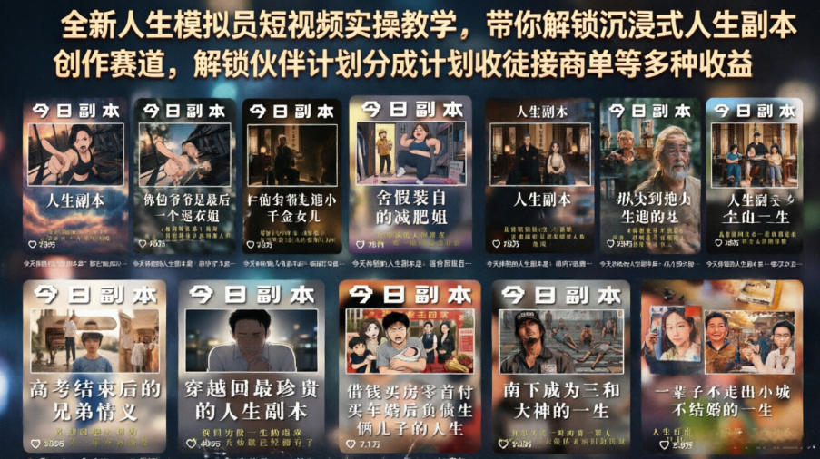 全新人生模拟员短视频实操教学，带你解锁沉浸式人生副本创作赛道，解锁伙伴计划分成计划收徒接商单等多种收益-小白项目网