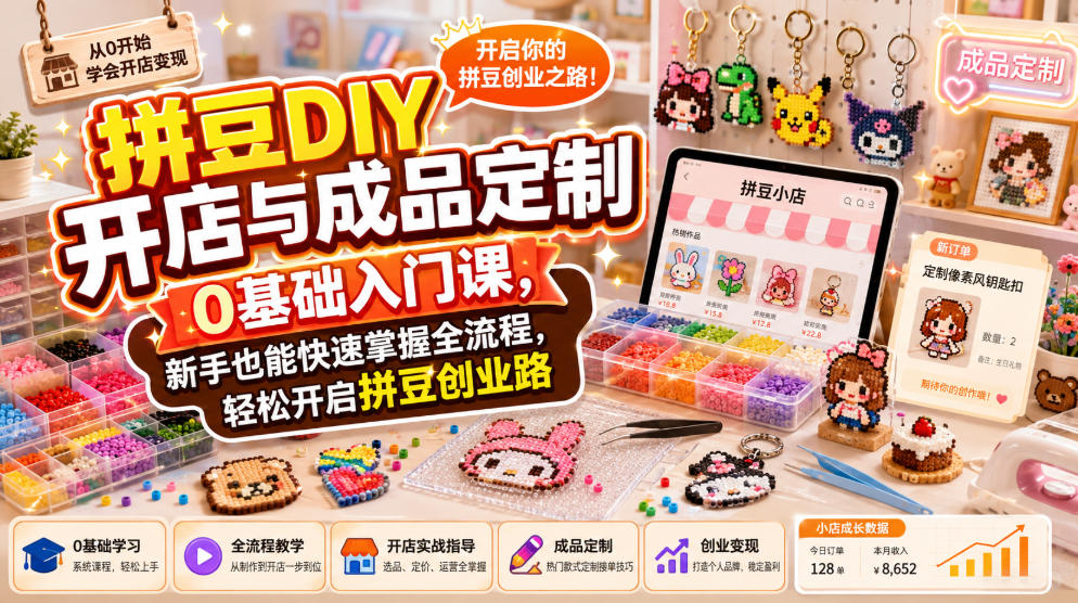 拼豆DIY开店与成品定制0基础入门课，新手也能快速掌握全流程，轻松开启拼豆创业路-小白项目网