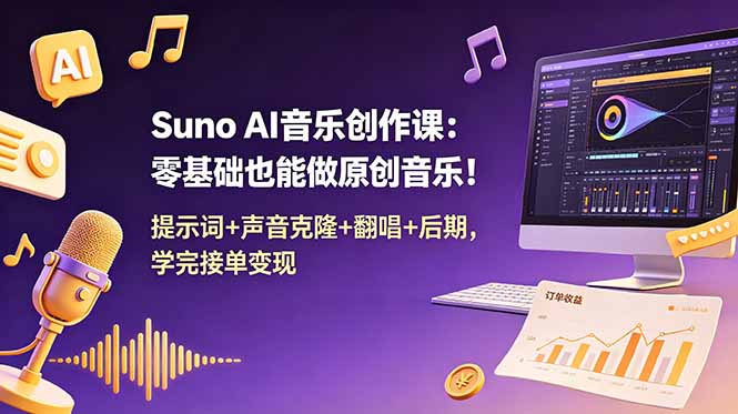Suno AI音乐创作课:零基础也能做原创音乐!提示词+声音克隆+翻唱+后期,学完接单变现-小白项目网