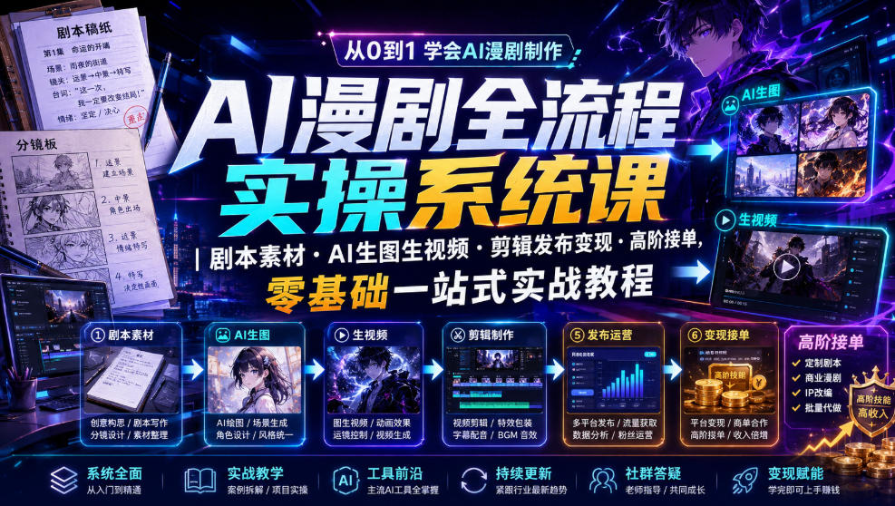 AI漫剧全流程实操系统课｜剧本素材・AI生图生视频・剪辑发布变现・高阶接单，零基础一站式实战教程-小白项目网