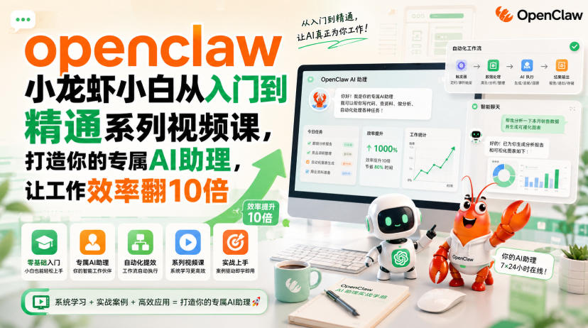 openclaw小龙虾小白从入门到精通系列视频课，打造你的专属AI助理，让工作效率翻10倍-小白项目网