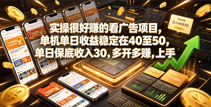 实操很好賺的看广告项目，单机单日收益稳定在40至50，单日保底收入30，多开多賺，上手就能变现【揭秘】-小白项目网