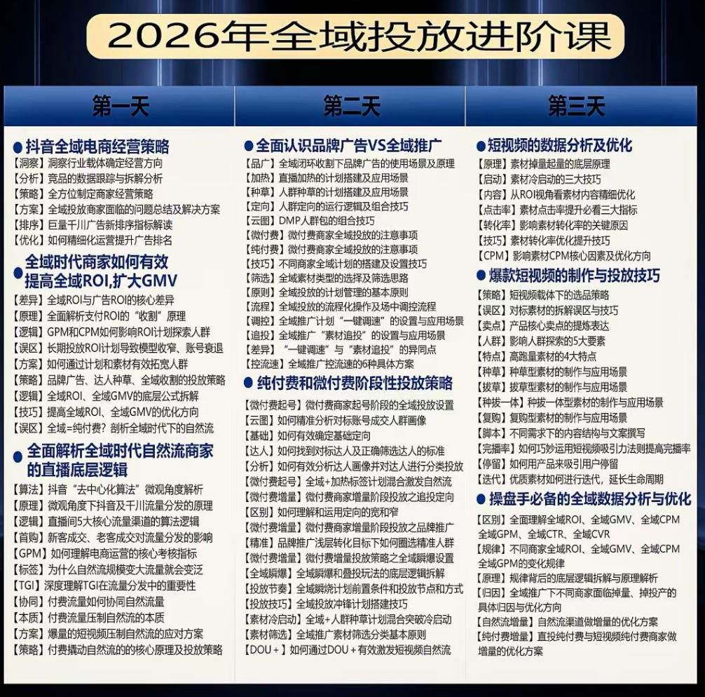 千川扫地僧2026抖音全域投放进阶课，少走弯路·快速起量·掌控增长，6月12-14号杭州线下课(更新)-小白项目网