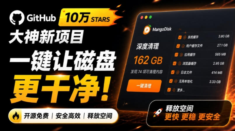 在Gtihub上做出10万stars的大神，又发布新项目了！一键让磁盘更干净，开源免费清理工具MangoDisk-小白项目网