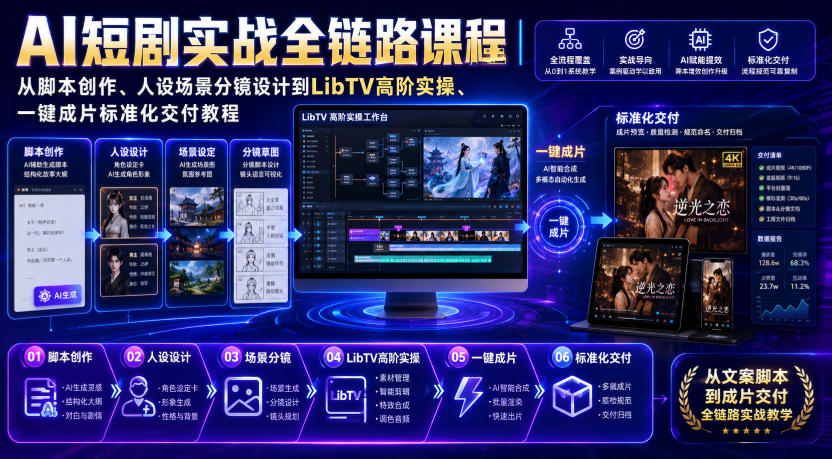 AI短剧实战全链路课程｜从脚本创作、人设场景分镜设计到LibTV高阶实操、一键成片标准化交付教程-小白项目网