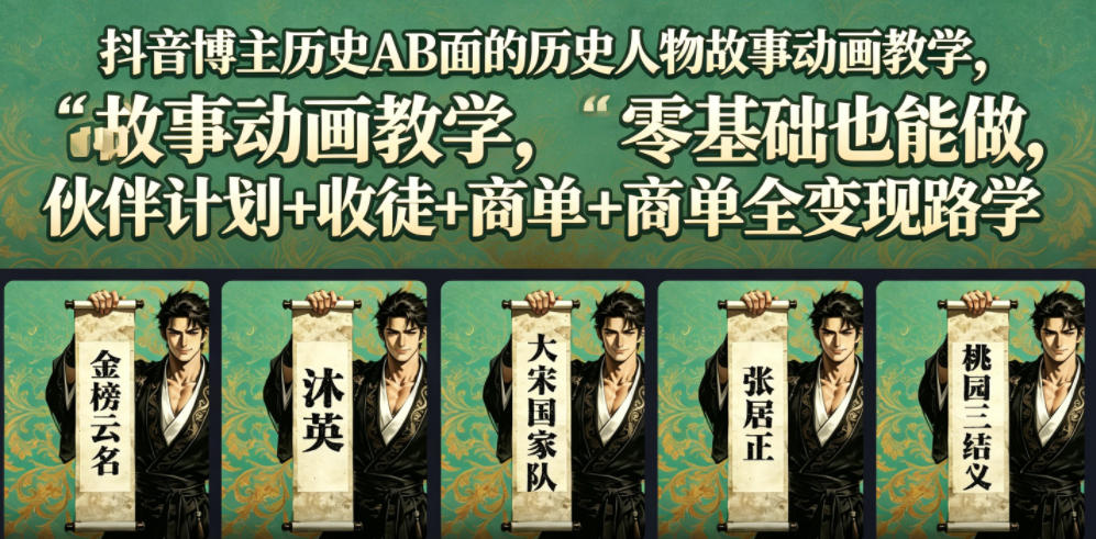 抖音博主历史AB面的历史人物故事动画教学，零基础也能做，伙伴计划+收徒+商单全变现路径教学-小白项目网