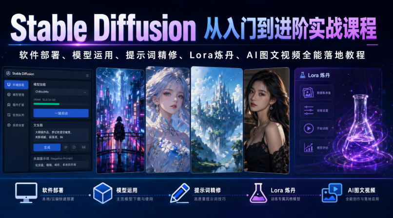 Stable Diffusion从入门到进阶实战课程｜软件部署、模型运用、提示词精修、Lora炼丹、AI图文视频全能落地教程-小白项目网