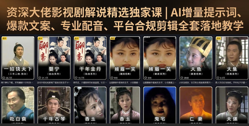 资深大佬影视剧解说精选独家课|AI增量提示词、爆款文案、专业配音、平台合规剪辑全套落地教学-小白项目网