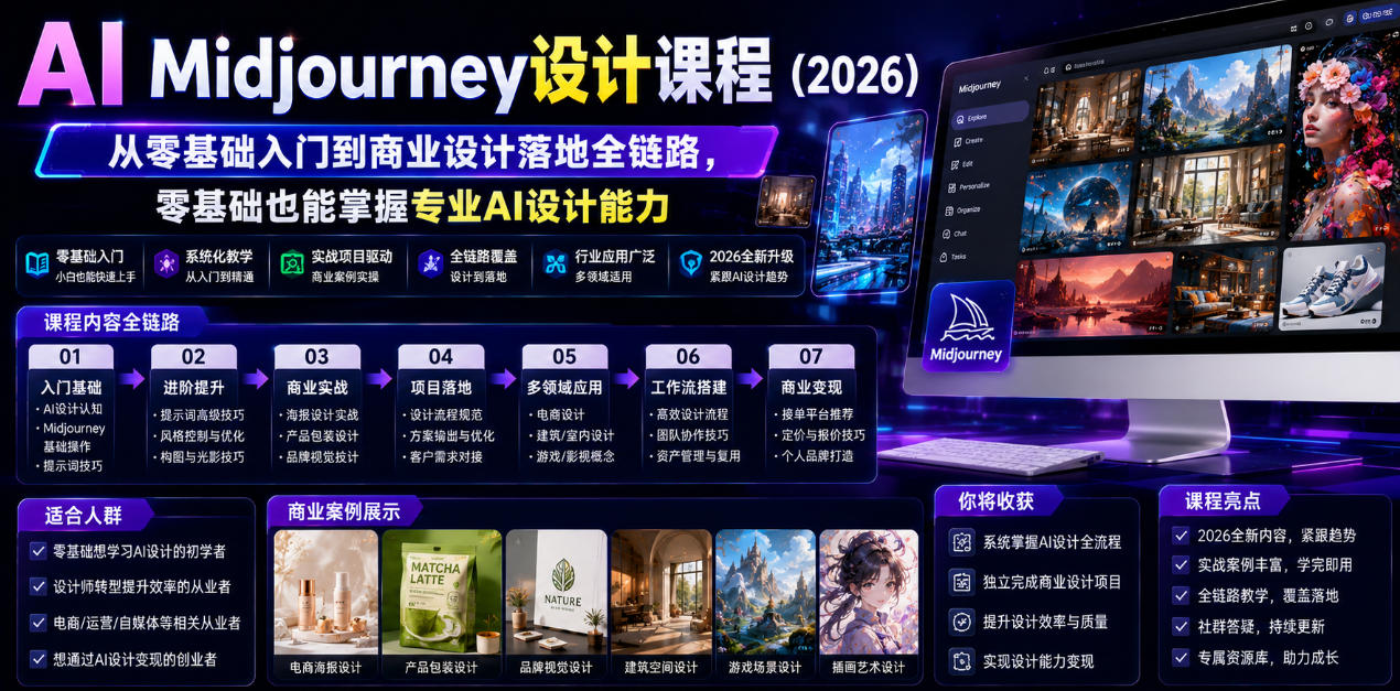AI Midjourney设计课程（2026），从零基础入门到商业设计落地全链路，零基础也能掌握专业AI设计能力-小白项目网