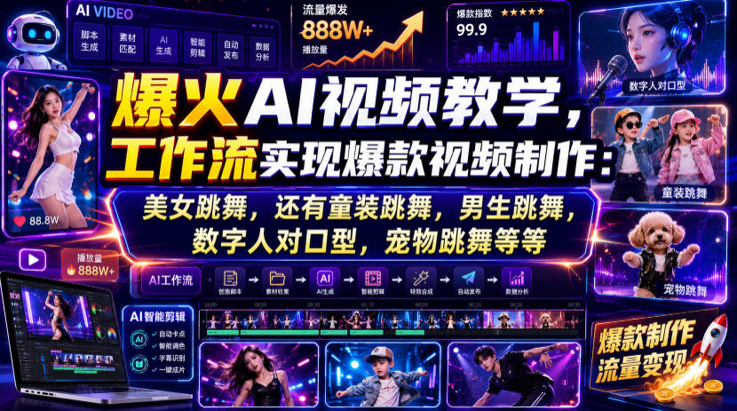 爆火AI视频教学,工作流实现爆款视频制作:美女跳舞,还有童装跳舞,男生跳舞,数字人对口型,宠物跳舞等等 爆火AI视频教学,工作流实现爆款视频制作:美女跳舞,还有童装跳舞,男生跳舞,数字人对口型,宠物跳舞等等