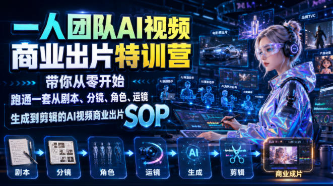 一人团队AI视频商业出片实战课:带你从零开始跑通一套从剧本、分镜、角色、运镜、生成到剪辑的AI视频商业出片SOP-小白项目网