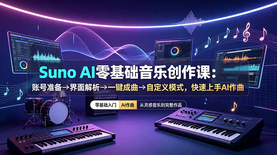 Suno AI零基础音乐创作课:账号准备→界面解析→一键成曲→自定义模式,快速上手AI作曲-小白项目网