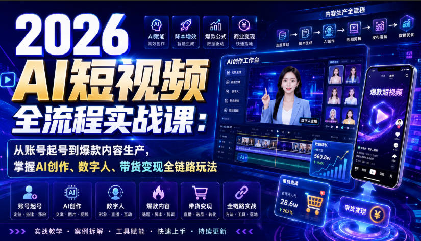 2026 AI短视频全流程实战课：从账号起号到爆款内容生产，掌握AI创作、数字人、带货变现全链路玩法-小白项目网