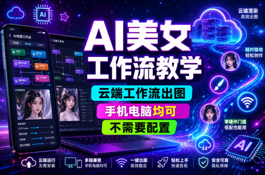 AI美女工作流教学,云端工作流出图,手机电脑均可,不需要配置,快速起号涨粉-小白项目网