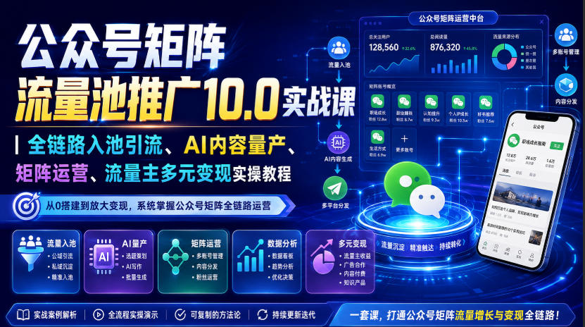 公众号矩阵流量池推广10.0实战课｜全链路入池引流、AI内容量产、矩阵运营、流量主多元变现实操教程-小白项目网