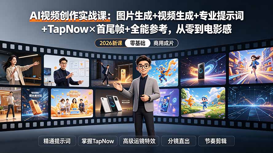 AI视频创作实战课：图片生成+视频生成+专业提示词+TapNow×首尾帧+全能参考，从零到电影感成片-小白项目网