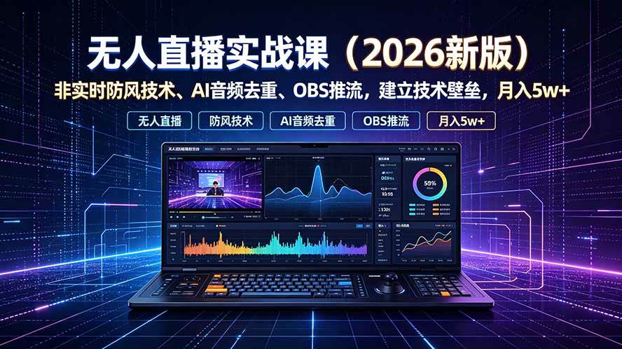 (19292期)无人直播实战课(更新7月),非实时防风技术、AI音频去重、OBS推流,建立技术壁垒,月入5w+-小白项目网