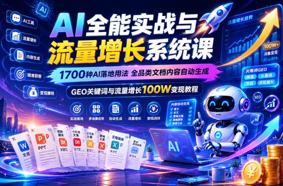 AI全能实战与流量增长系统课，1700种AI落地用法，全品类文档内容自动生成，GEO关键词与流量增长100W变现教程-小白项目网