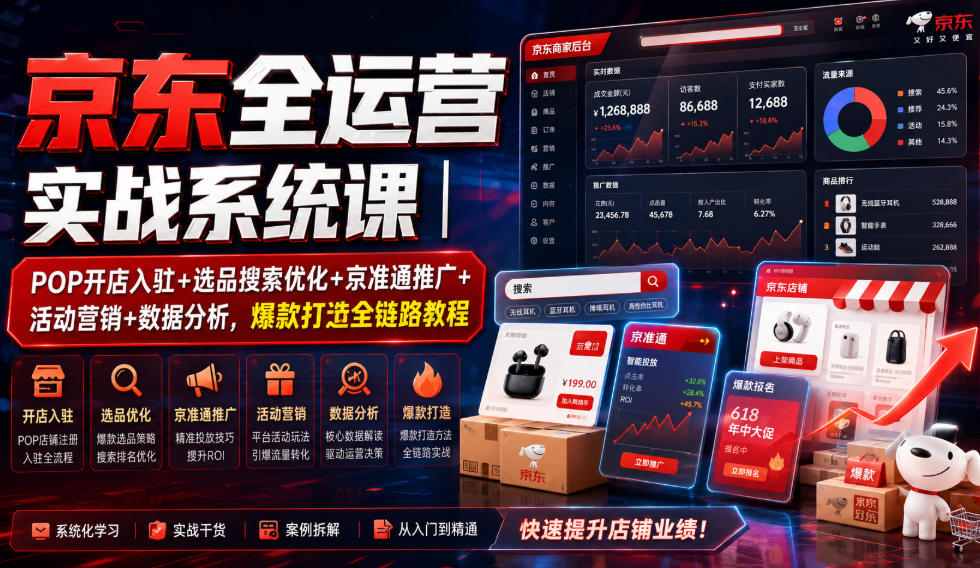 京东全运营实战系统课｜POP开店入驻+选品搜索优化+京准通推广+活动营销+数据分析，爆款打造全链路教程-小白项目网
