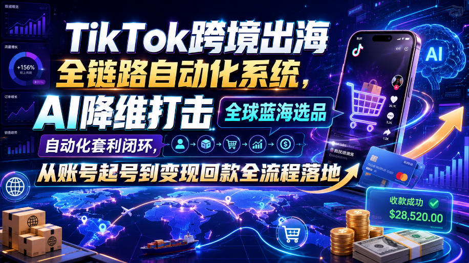 TikTok跨境出海全链路自动化系统，AI降维打击全球蓝海选品自动化套利闭环，从账号起号到变现回款全流程落地（2026年7月）-小白项目网