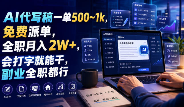AI代写稿一单500~1k，免费派单，全职月入2W+，会打字就能干，副业全职都行【揭秘】-小白项目网