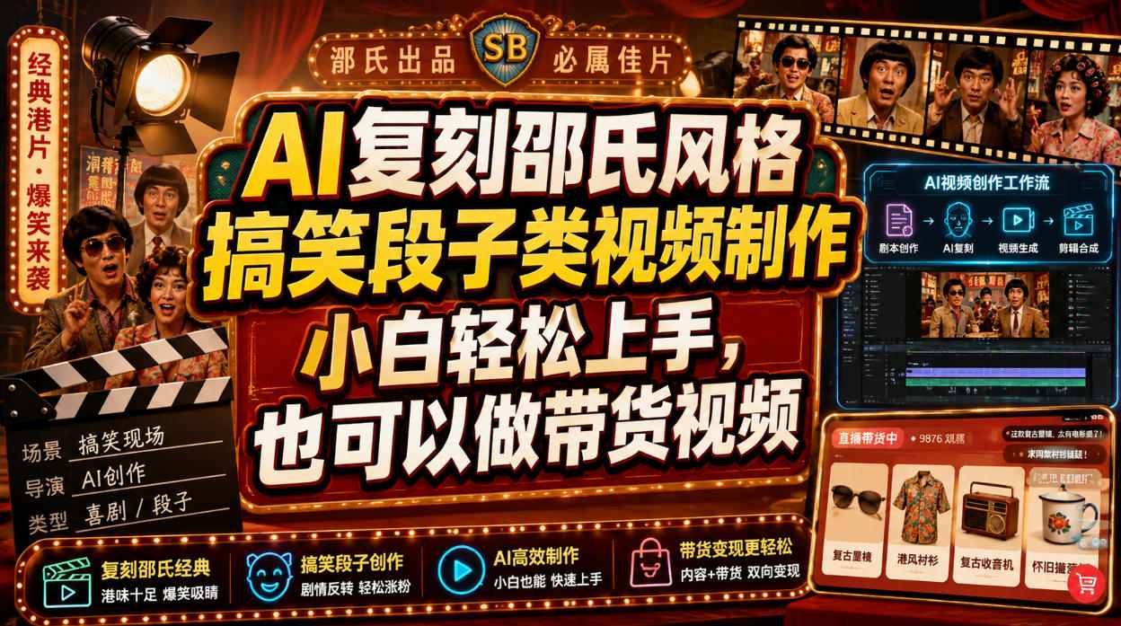 AI复刻邵氏风格搞笑段子类视频制作，小白轻松上手，也可以做带货视频-小白项目网