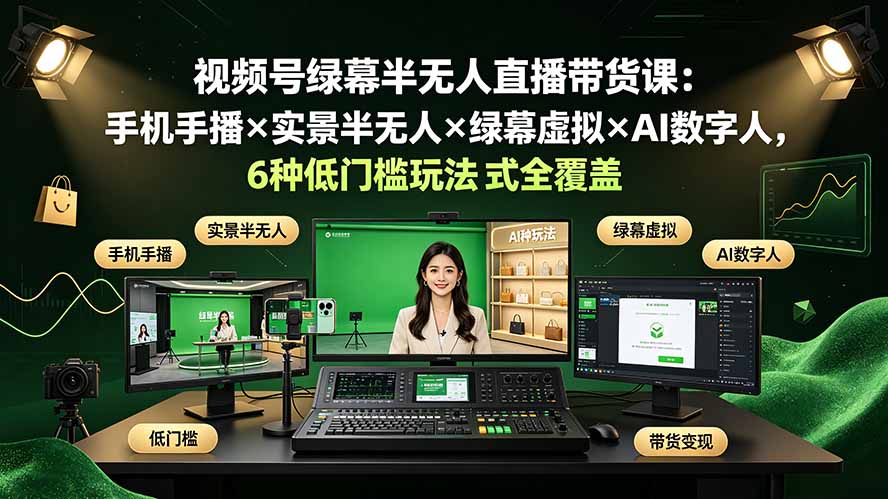 视频号绿幕半无人直播带货课:手机手播×实景半无人×绿幕虚拟×AI数字人,6种低门槛玩法全覆盖-小白项目网