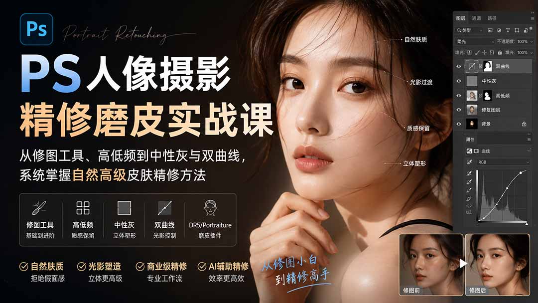 PS人像摄影精修磨皮实战课：从修图工具、高低频到中性灰与双曲线，系统掌握自然高级皮肤精修方法-小白项目网