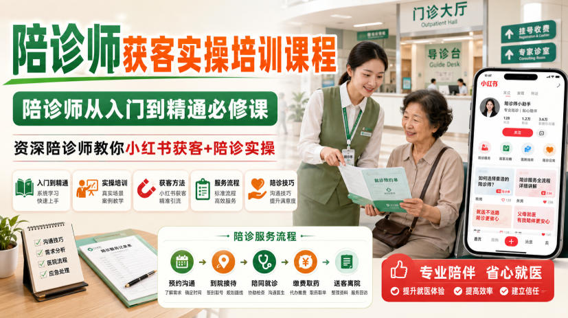 陪诊师获客实操培训课程，陪诊师从入门到精通必修课，资深陪诊师教你小红书获客+陪诊实操-小白项目网