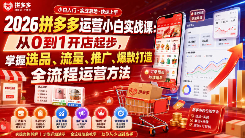 2026拼多多运营小白实战课：从0到1开店起步，掌握选品、流量、推广、爆款打造全流程运营方法-小白项目网