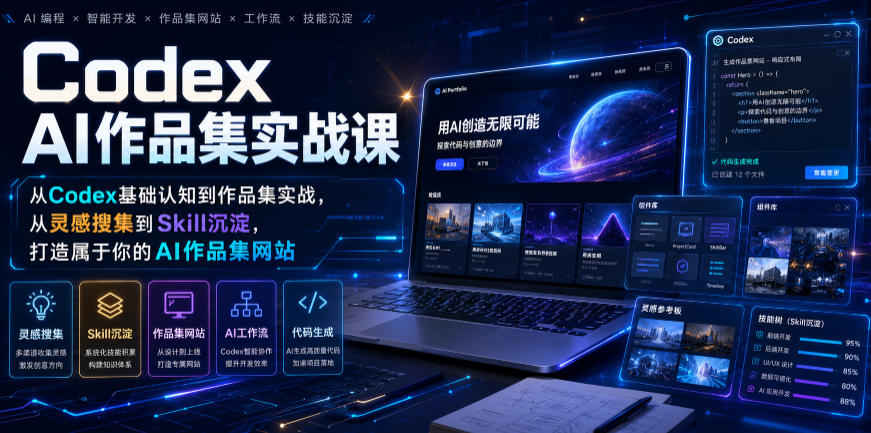 Codex AI作品集实战课,从Codex基础认知到作品集实战,从灵感搜集到Skill沉淀,打造属于你的AI作品集网站-小白项目网