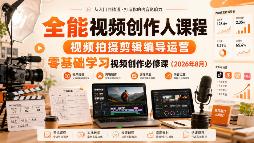 全能视频创作人课程，视频拍摄剪辑编导运营，零基础学习视频创作必修课（2026年8月）-小白项目网