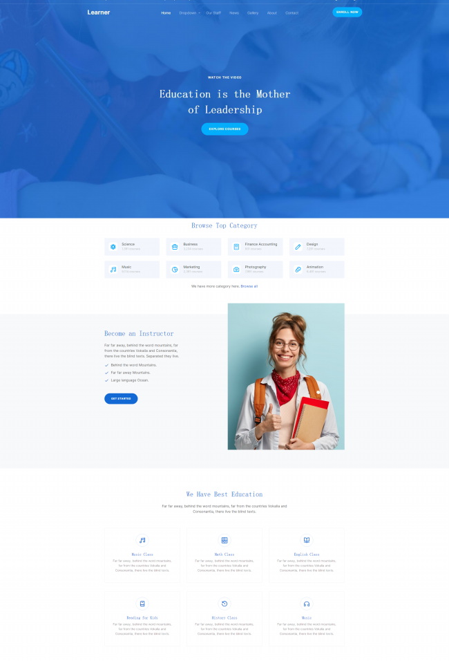蓝色教育培训机构网站html模板-小白项目网