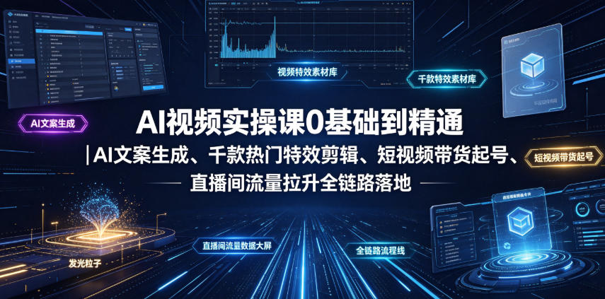 AI视频实操课0基础到精通｜AI文案生成、千款热门特效剪辑、短视频带货起号、直播间流量拉升全链路落地-小白项目网