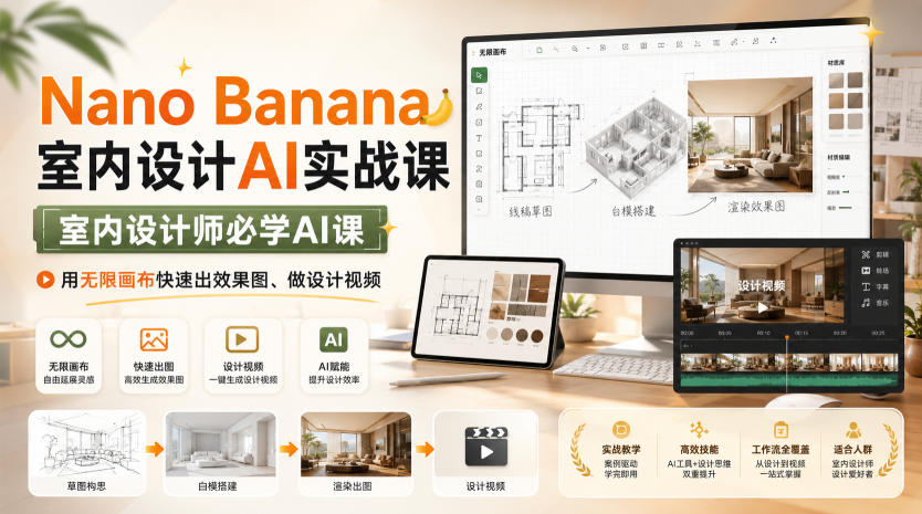 Nano Banana室内设计AI实战课，室内设计师必学AI课，用无限画布快速出效果图、做设计视频-小白项目网