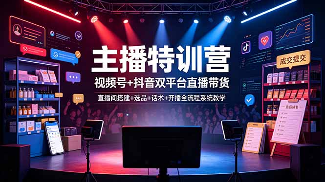 主播特训营：视频号+抖音双平台直播带货，直播间搭建+选品+话术+开播全流程系统教学-小白项目网