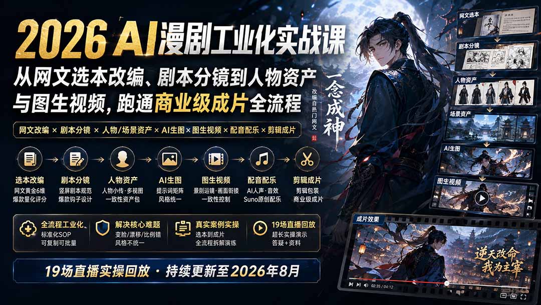 2026 AI漫剧工业化实战课-更新：从网文选本改编、剧本分镜到人物资产与图生视频，跑通商业级成片全流程-小白项目网